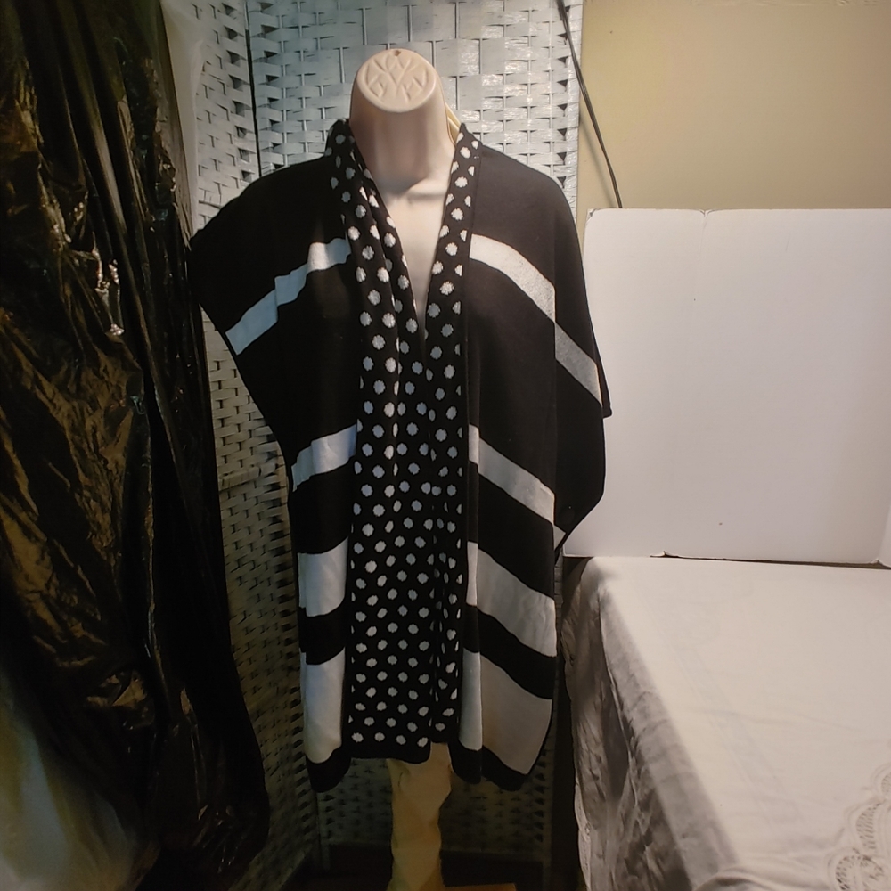 Reversible Ruana Dot Stripe Ruana Button Covering Ruana Black Shawl Sweater